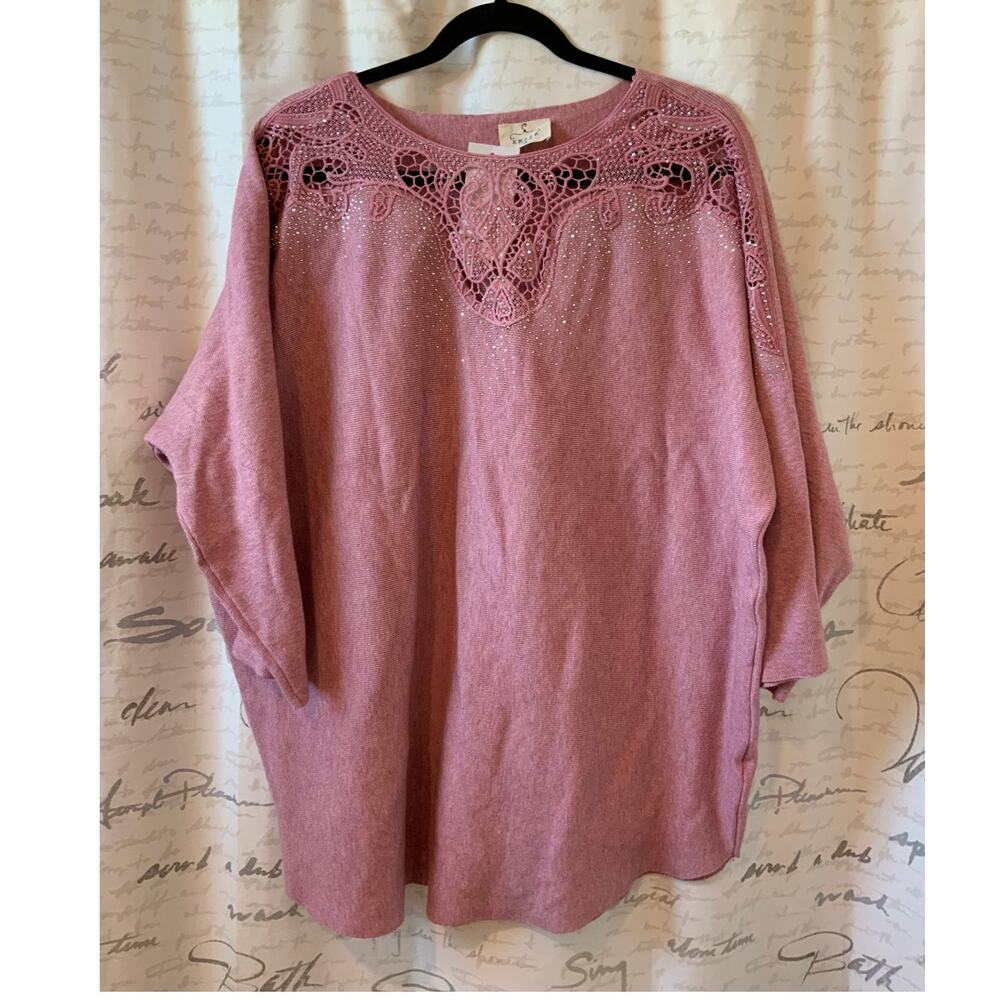 Ember Pale Pink Dolman Sleeve Ribbed Sweater Lace Rhinestone 2X